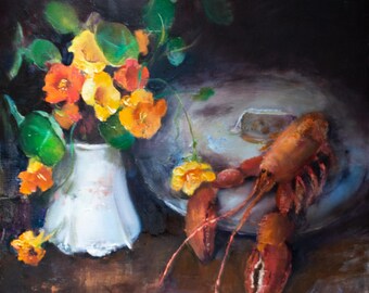 Lobster Still Life Oil Painting, Floral Impressionist Art by Gita Dinbire