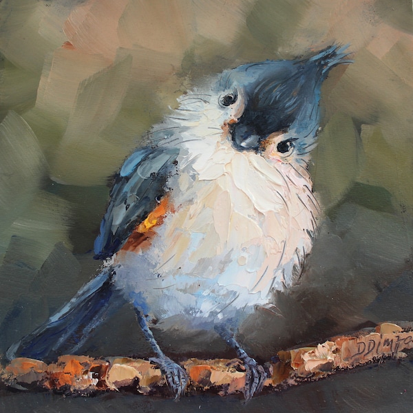 Peinture à l'huile originale faite sur commande d'oiseau de mésange touffue par Daiga Dimza lumineuse colorée d'oeuvre d'art d'oeuvre d'art accrochant le cadeau moderne miniature à la maison