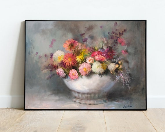 大きな油絵 オリジナルフラワー アスター 花瓶 静物画 ブーケ 壁 大きな油絵 オリジナルフラワー アスター 花瓶 静物画 ブーケ 壁