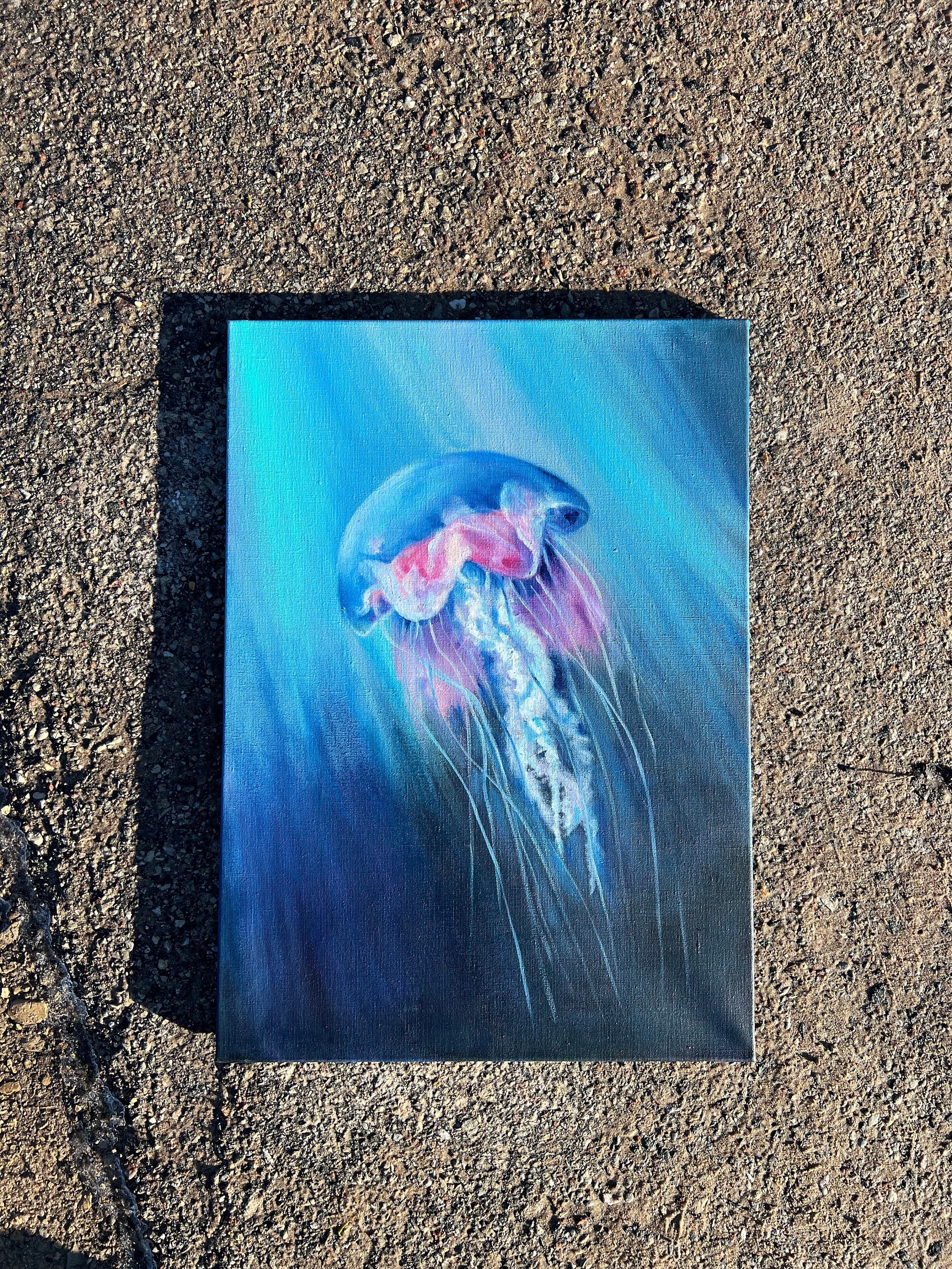 クラゲの絵画、キャンバスに描かれたオリジナルの油絵、オルガ