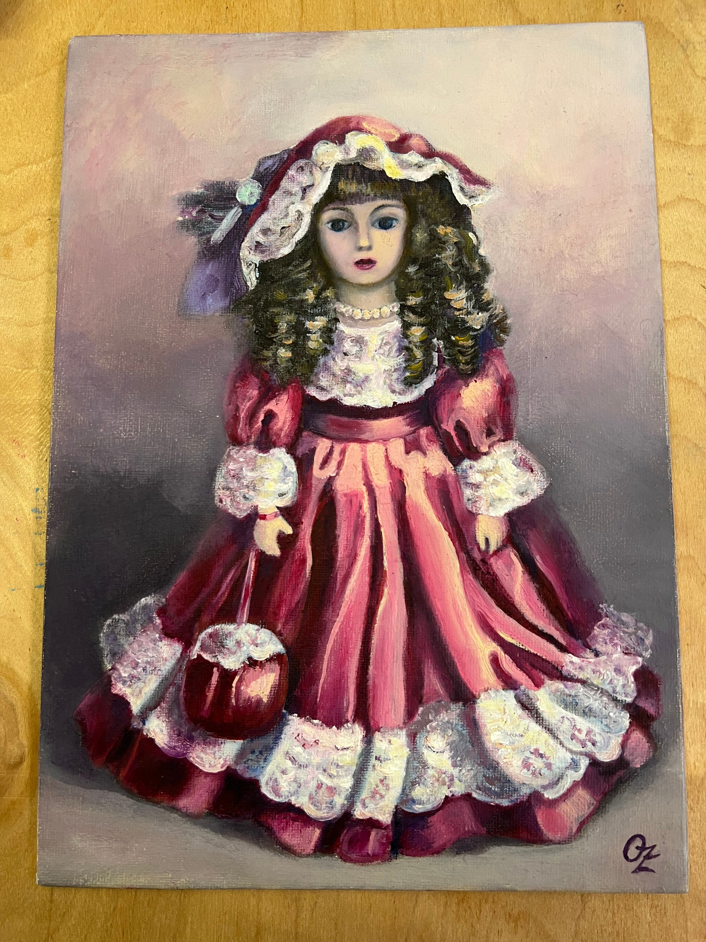 Doll Oil Painting Original Vintage Style Children Room Wall Decor