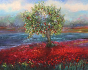 Original Impressionist Oil Painting, Blooming Apple Tree Art, Floral Wall Decor by Inga Ledina