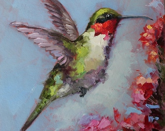Hummingbird oil original painting on cardboard, Texture Art by Daiga Dimza Wall art fine gift for her Miniature artwork