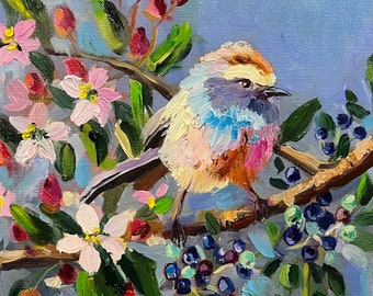 Pink bird in apple blossoms oil original painting canvas blueberry wall decor small gift handmade fine art by Elina Birzkalne