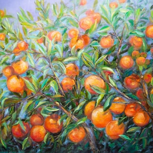Orange Tree Original Painting Oil Canvas texture bright fruits wall decor by Inga Ledina Impressionist art handmade artwork modern rustic