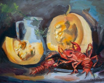 野菜のある静物画、カボチャの油絵、秋の静物画、農家の装飾アート