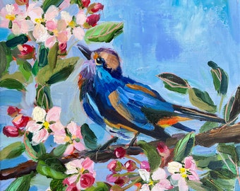 Peinture à l'huile originale d'oiseau bleu oiseau en fleurs de pommier arbre en fleurs cadeau moderne d'oeuvre d'art abstrait coloré lumineux par Elina Birzkalne