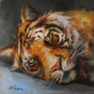Pintura original de tigre al óleo sobre cartón Arte texturizado de Daiga Dimza Arte de pared, un fino regalo para ella Obra de arte en miniatura