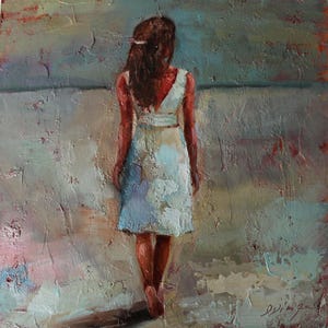 Pintura al óleo de Chica junto al mar de Daiga Dimza, obra de arte texturizada original sobre cartón, arte de pared costero con espátula, decoración del hogar costero.