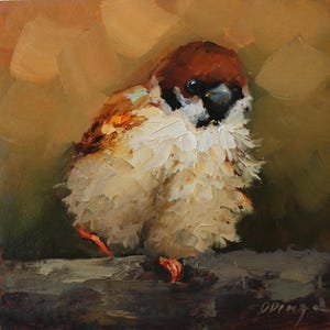 Pintura al óleo de gorrión de Daiga Dimza, arte de pájaro pequeño sobre cartón, decoración de pared rústica original con espátula texturizada, obra de arte en miniatura