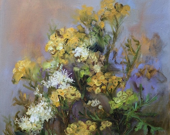 Impressionist Floral Still Life Painting, Yellow Flowers, Blue Background (Original Art) by Gita Dinbire