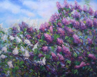 May include: An oil painting of a lilac bush in full bloom, featuring clusters of purple and white flowers with green leaves. The artwork is set against a light blue sky, with textured brushstrokes creating an impressionistic effect.