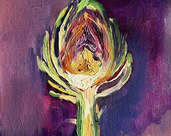 Artichoke art original oil painting botanical violet small  farmhouse kitchen wall decore collectible food art Elina Birzkalne