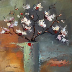 Pintura al óleo original de Magnolias de Daiga Dimza sobre cartón, flor floreciente, arte impresionista floral, obra de arte de la naturaleza, regalo para ella.