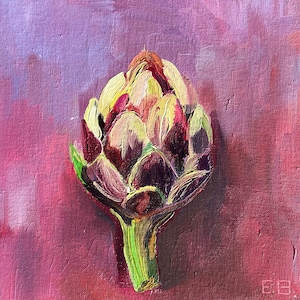 Arte de alcachofa pintura al óleo original rosa botánico pequeña granja de verduras cocina decoración de la pared regalo de arte de comida coleccionable por Elina Birzkalne