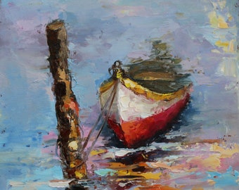 Boat original oil painting on cardboard Texture Art by Daiga Dimza Wall art fine gift for her Miniature artwork