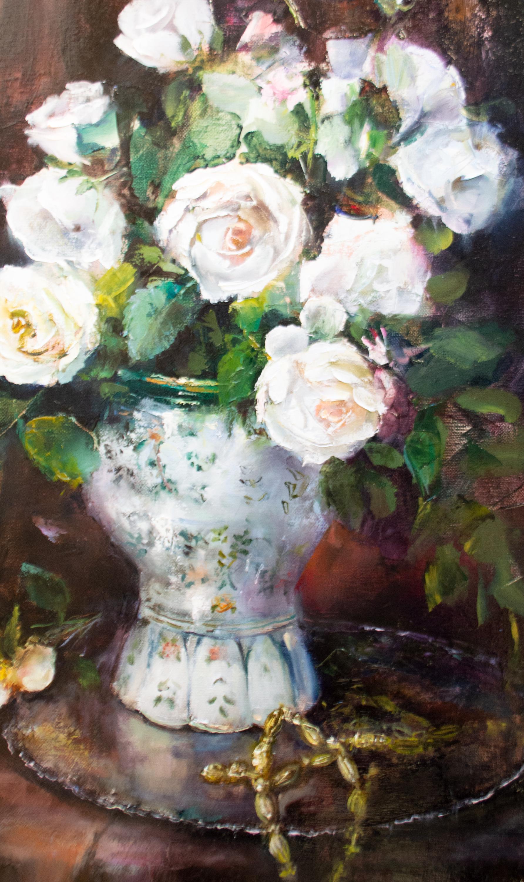 質感のあるバラの油絵、花瓶に入った花束、ギータ・ディンビレによる