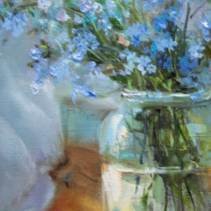 Vase de fleurs sauvages, peinture originale à l'huile de fleurs bleu clair, bouquet de nature morte myosotis par Gita Dinbire, cadeau d'art impressionniste image 4
