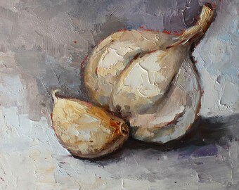 Garlic oil original painting on cardboard, Texture Art by Daiga Dimza, vegetable garden Wall art gift for her Miniature artwork