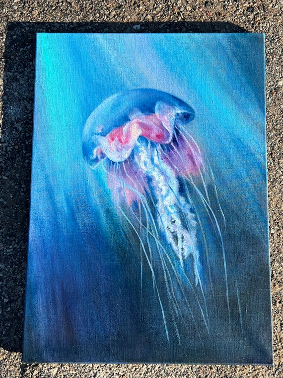 クラゲの絵画 オリジナル油絵 海洋生物の絵画 ブルーキャンバス 深海