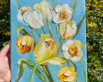 Yellow tulips Flowers oil painting original canvas bright textured meadow field floral wall decor Impressionist art by Elina Birzkalne