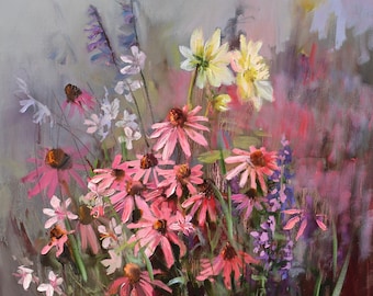 Original Oil Painting Wildflowers, Pink Coneflowers, Impressionist Floral Art, 50x60 cm, Flower Meadow by Gita Dinbire