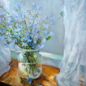 Vase de fleurs sauvages, peinture originale à l'huile de fleurs bleu clair, bouquet de nature morte myosotis par Gita Dinbire, cadeau d'art impressionniste image 3