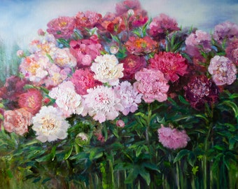 Pintura al óleo de grandes peonías sobre lino, arte floral impresionista romántico de Inga Ledina