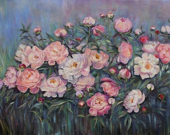 Large Peonies Oil Painting on Linen, Original Floral Art,  Pink Peonies by Inga Ledina