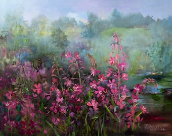 Original Oil Landscape Painting, Pink Meadow Flowers, 19.69x27.56 by Gita Dinbire