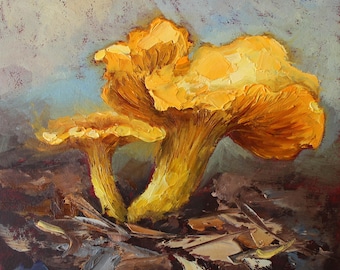 Chanterelle mushroom oil original painting on cardboard, Texture Art by Daiga Dimza Wall art gift for her, Miniature artwork