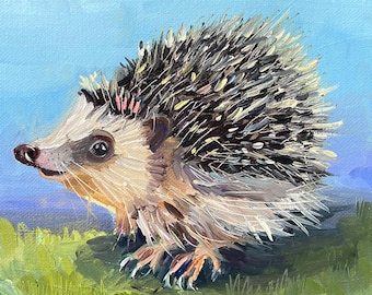 Hedgehog baby Original oil painting Woodland Animals canvas Small Nursery Wall Art Decor by Elina Birzkalne