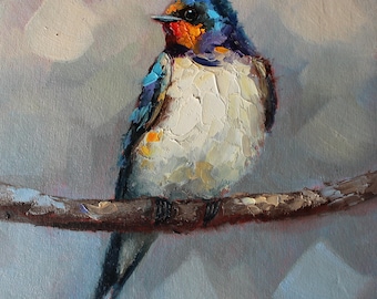 Swallow Oil Painting by Daiga Dimza, Small Bird Art on cardboard, Textured Palette Knife Original Rustic Wall Decor, Miniature Artwork