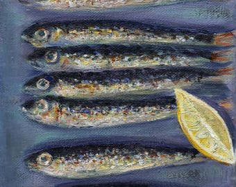 Original Oil Painting Sardines Lemon Still Life Art, Impressionist Kitchen Wall Decor by Inga Ledina