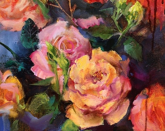 Original Floral Oil Painting, Colorful Roses and Flowers, Impressionist Still Life, 25x30 cm, Original Artwork by Gita Dinbire