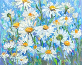 Blue Daisy painting Original oil art White wildwlowers on canvas Summer meadow Cotaggecore gift by Elina Birzkalne