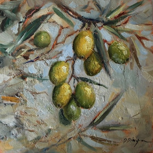 Rama de olivo – Pintura al óleo original sobre cartón de Daiga Dimza, obra texturizada con espátula, estilo mediterráneo