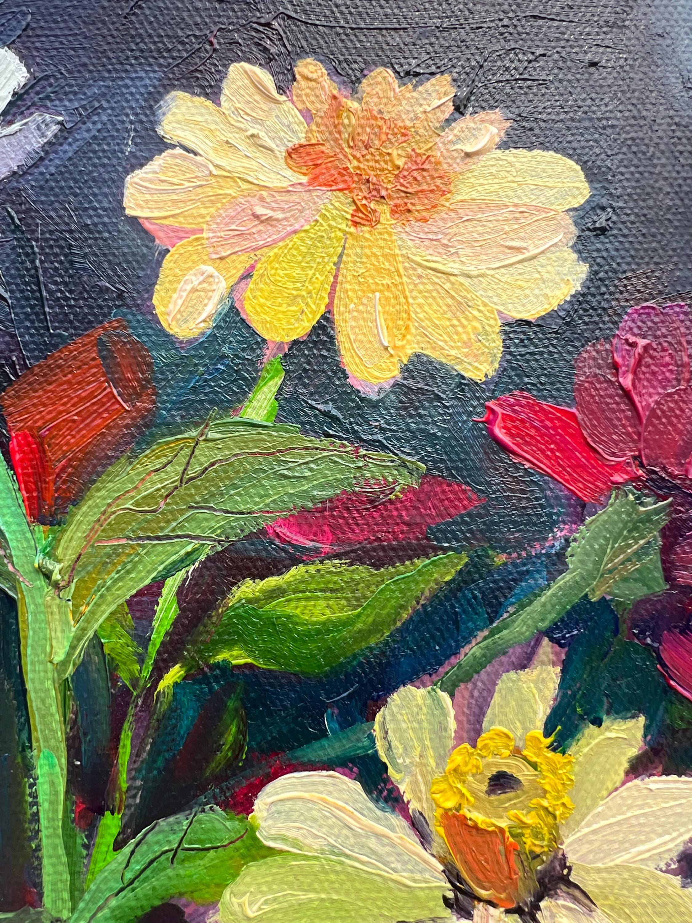 Zinnias Flowers Original Oil Painting Colorful Floral Bright Red