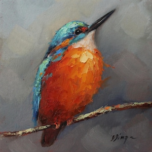Pintura original a óleo de pássaro martim-pescador em papelão Texture Art de Daiga Dimza Arte de parede, belo presente para ela Arte em miniatura