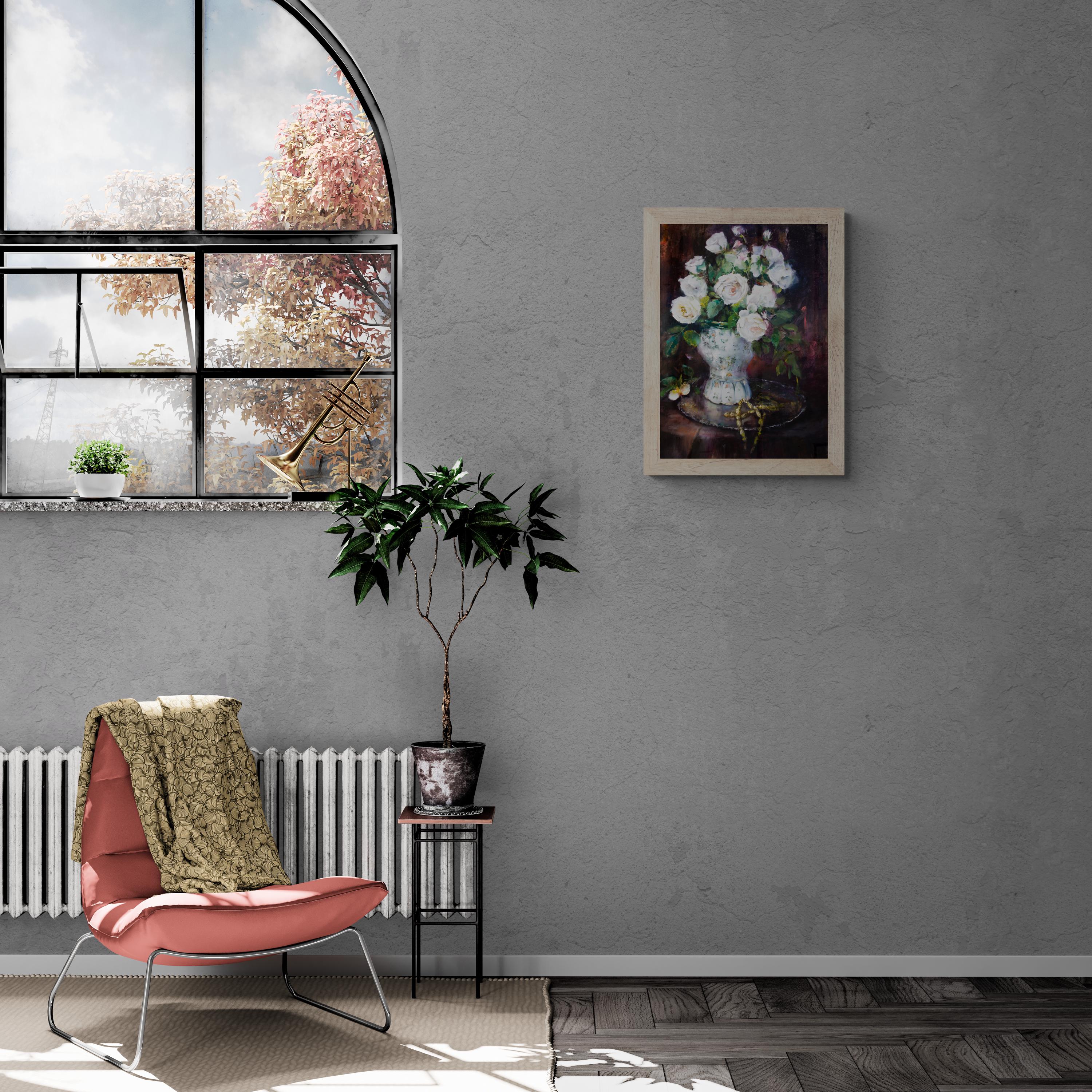 オリジナルの白いバラの油絵 - キャンバスに描かれた花の静物画