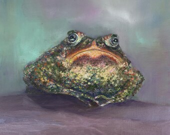 Textured Frog Oil Painting on Linen Canvas, Green Toad Animal Wall Art by Inga Ledina