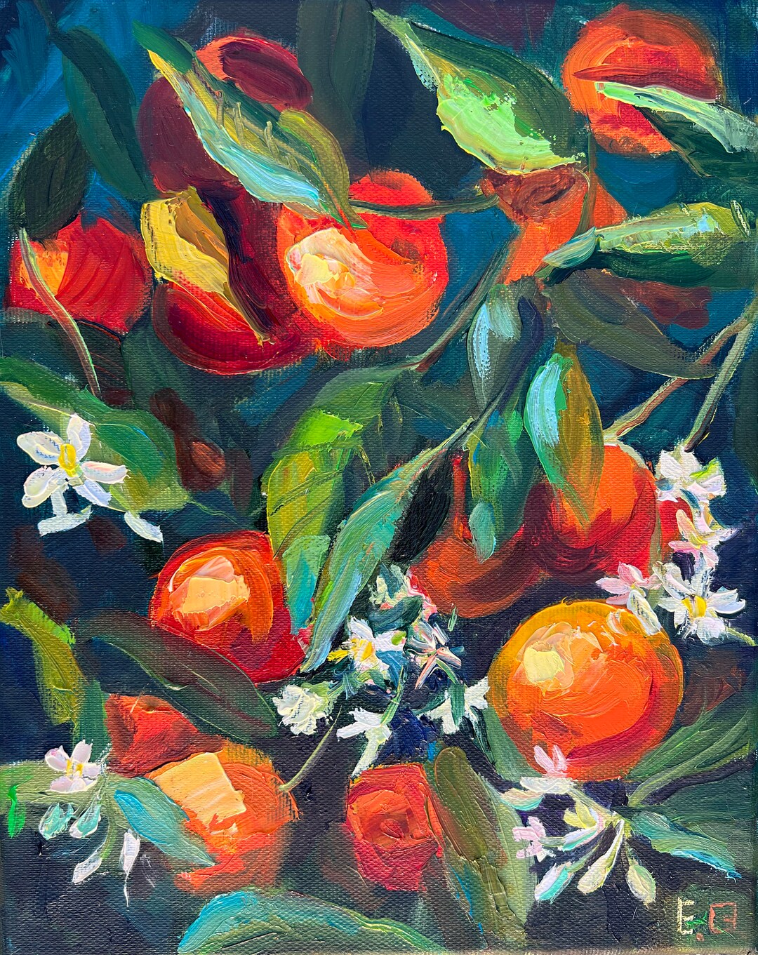 Blooming Mandarin Bush Original Oil Painting Fruit Painting Fruit Art