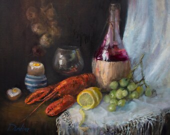 Peinture de style vintage huile sur toile nature morte homard fruits vin décoration murale sombre colorée par Gita Dinbire cadeau élégant fait main