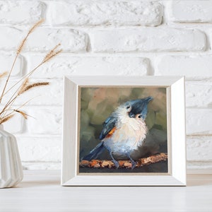 Original Custom Tufted Titmouse bird oil painting by Daiga Dimza bright colorful abstract art artwork home hanging miniature modern gift image 2