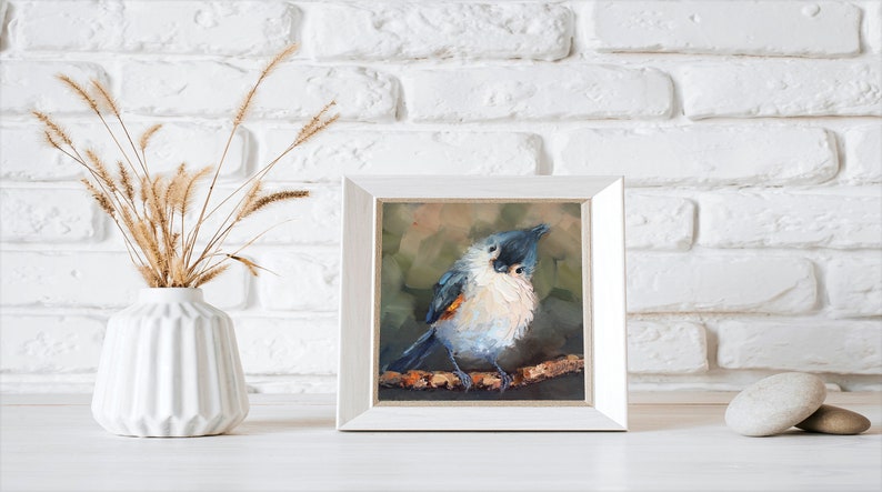 Original Custom Tufted Titmouse bird oil painting by Daiga Dimza bright colorful abstract art artwork home hanging miniature modern gift image 2