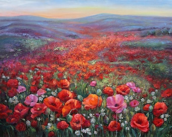 Original Poppy Field Oil Painting, Large Impressionist Landscape Art, Vibrant Wildflower Meadow, Textured Floral Artwork, 80 x 60 cm