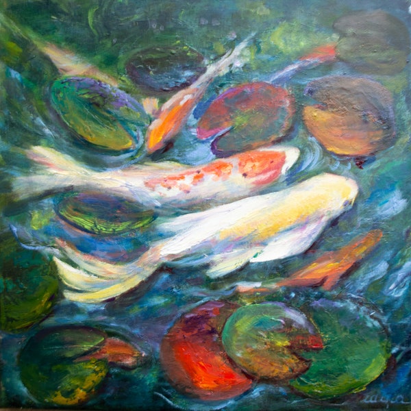 Koi fish painting original canvas oil eight carp pond colorful bright water reflections Impressionist art by Inga Ledina gift fot bedroom