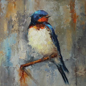 Pintura al óleo original de golondrina sobre cartón – Arte de pájaro con espátula de Daiga Dimza – Decoración de pared texturizada, regalo para ella