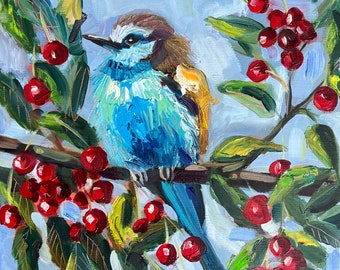 Original Blue Bird oil painting Bird in cherry tree red berries bright colorful abstract art artwork modern gift for by Elina Birzkalne