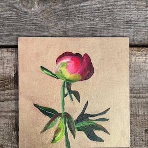 Rosa peônia bud pintura a óleo original brilhante rosa quente em fundo dourado arte impressionista presente de casamento para suas mulheres esposa por e. birzkalne